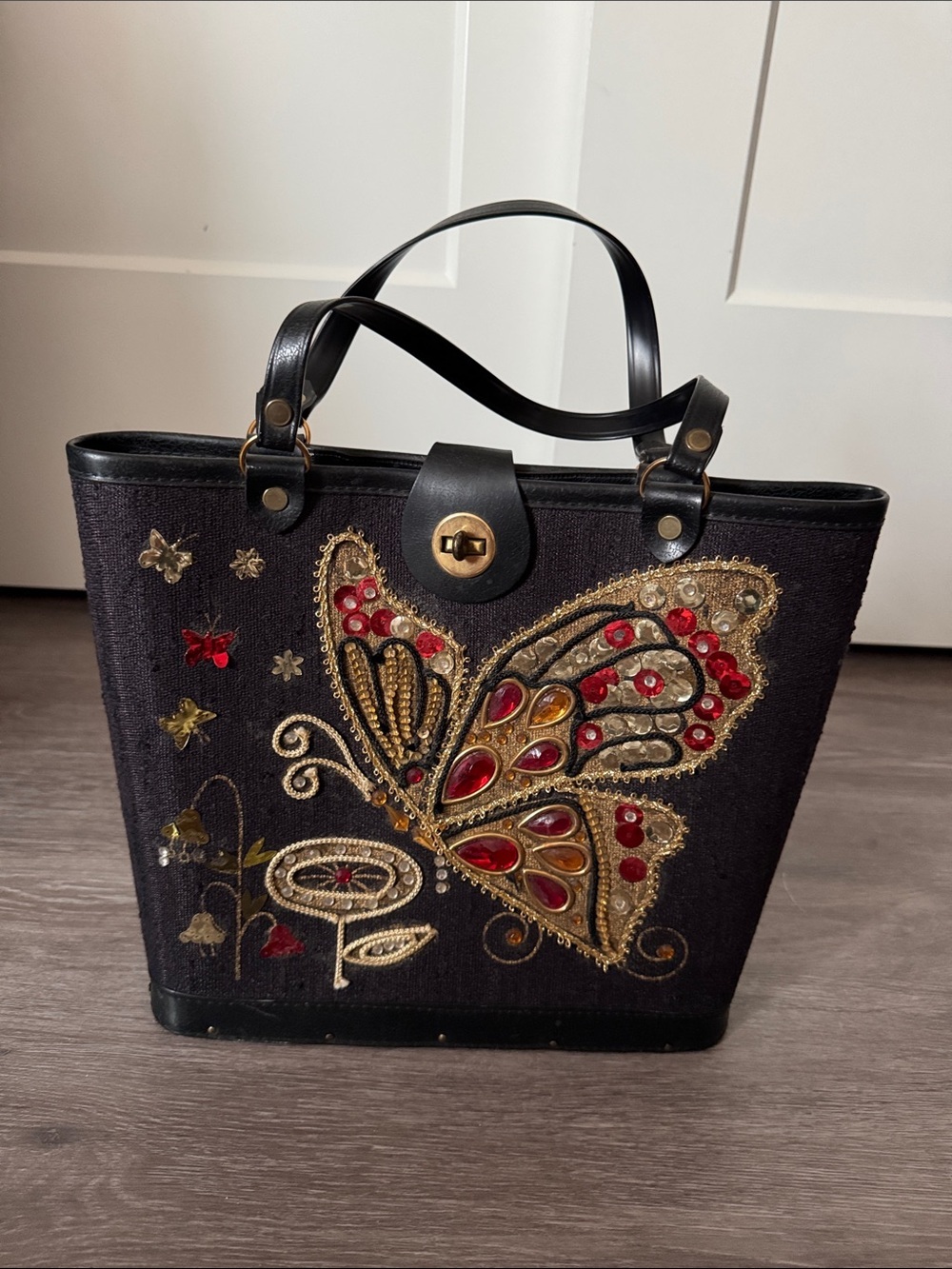 Vintage Black Butterfly Embellished Tote Bag